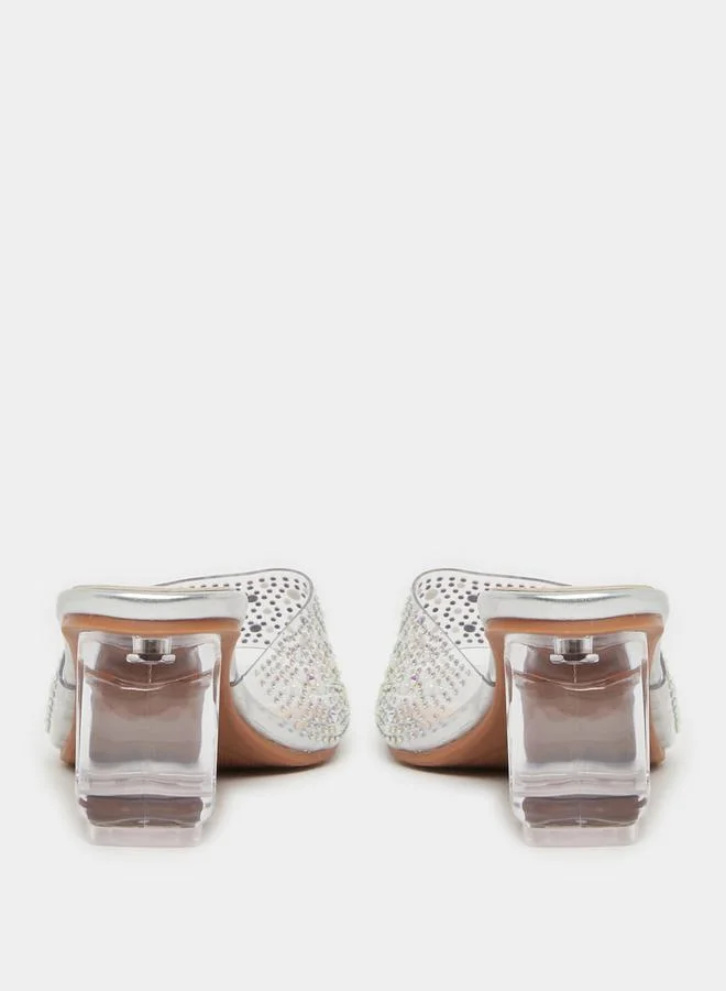 Take Two Embellished Transparent Strap Block Heel Sandals by Styli