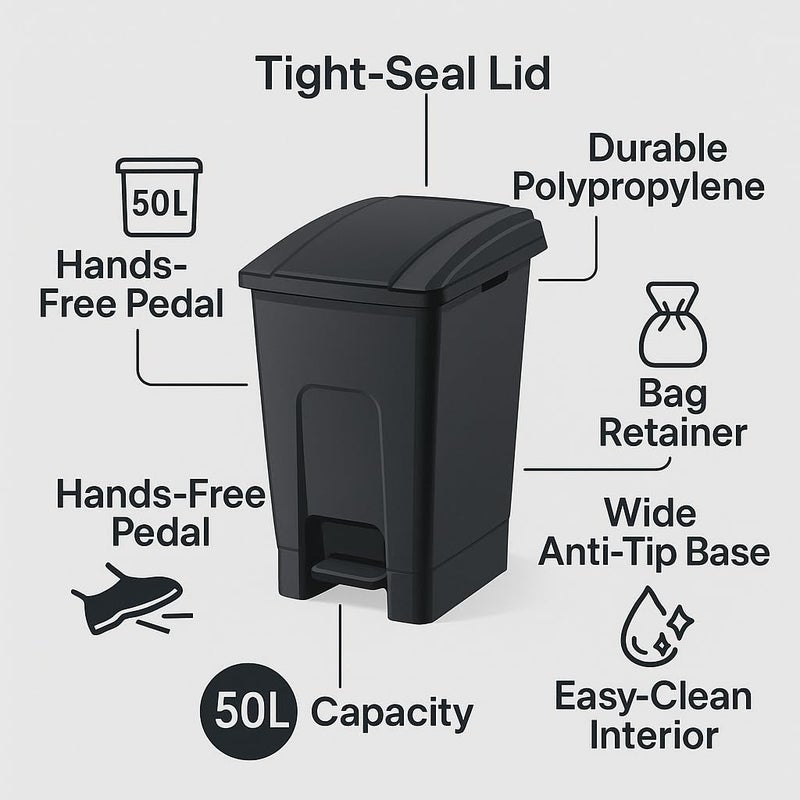 Planet Garbage Container, Trash Basket with Foot Pedal & Handel,Hard Plastic Material, use in schools, hospitals, Universities, Malls,Black (50 Liter) - Image 3