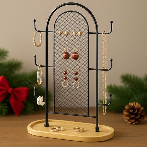 bussdis Jewelry Holder Organizer Earring Display Stands Earring Storage Earring tree Hanger Jewelry Towers Rack with 6 Hooks 300 Stud Holes Wood Tray for Necklaces Bracelets Rings - Image 3