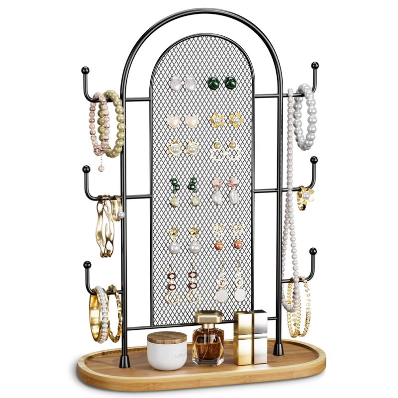 bussdis Jewelry Holder Organizer Earring Display Stands Earring Storage Earring tree Hanger Jewelry Towers Rack with 6 Hooks 300 Stud Holes Wood Tray for Necklaces Bracelets Rings - Image 2