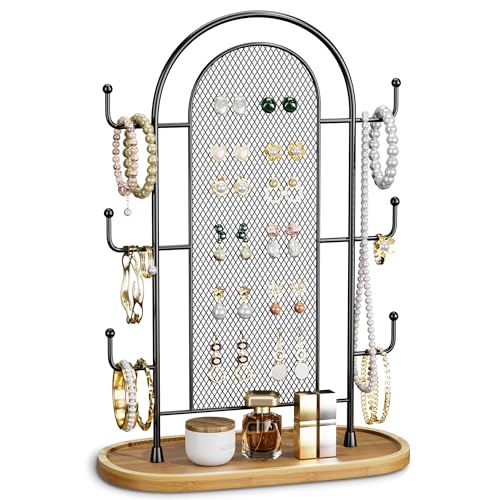 bussdis Jewelry Holder Organizer Earring Display Stands Earring Storage Earring tree Hanger Jewelry Towers Rack with 6 Hooks 300 Stud Holes Wood Tray for Necklaces Bracelets Rings - Image 1