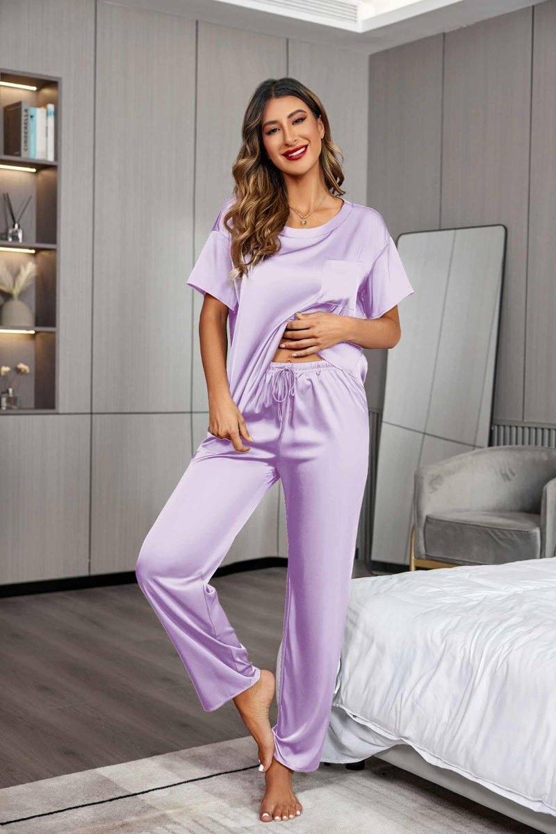Ekouaer Womens Silk Satin Pajamas Set Two Piece Pj Sets Sleepwear Loungewear Short Sleeve Pj Sets Lilac - Image 3