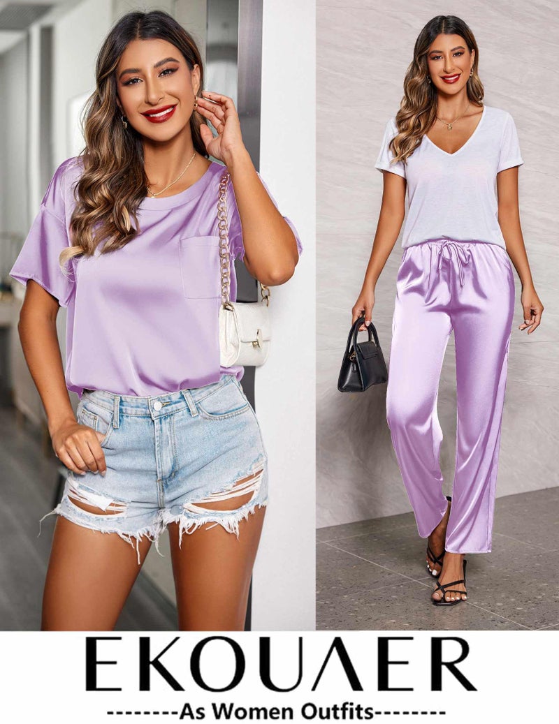 Ekouaer Womens Silk Satin Pajamas Set Two Piece Pj Sets Sleepwear Loungewear Short Sleeve Pj Sets Lilac - Image 5