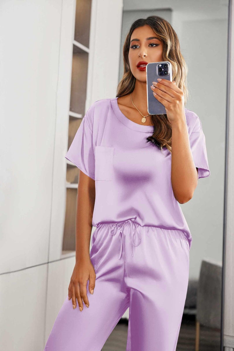 Ekouaer Womens Silk Satin Pajamas Set Two Piece Pj Sets Sleepwear Loungewear Short Sleeve Pj Sets Lilac - Image 2