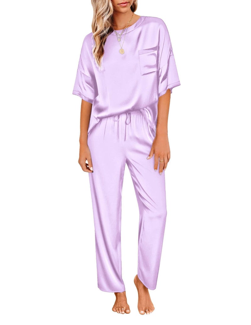 Ekouaer Womens Silk Satin Pajamas Set Two Piece Pj Sets Sleepwear Loungewear Short Sleeve Pj Sets Lilac - Image 1