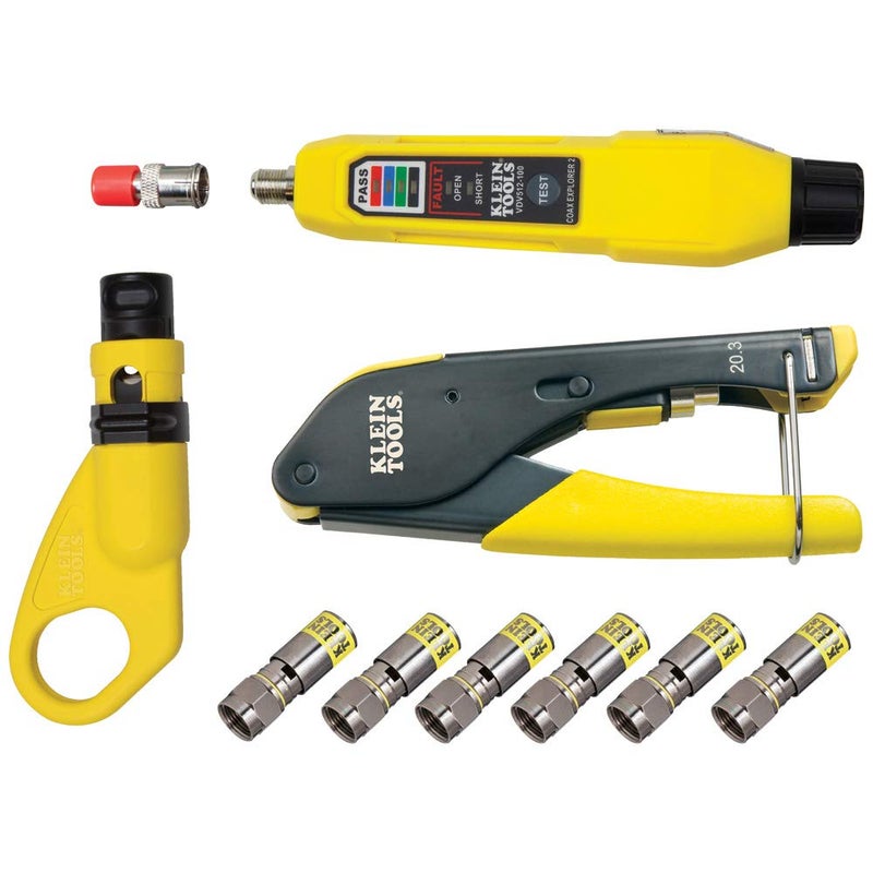 Klein Tools VDV002818 Coax Install and Test Kit with Crimp Tool Includes Tester Stripper and Universal F Connectors