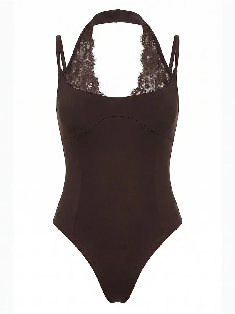 Bianco Lucci LUCCI Lace Halter Thong Bodysuit