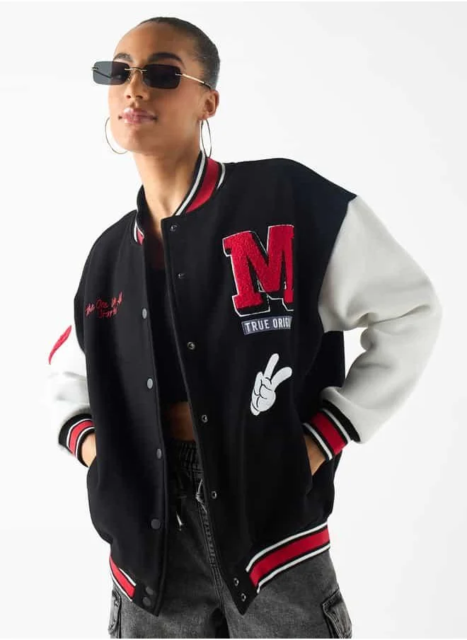SP Characters Mickey Mouse Print Varsity Jacket with Applique Detail