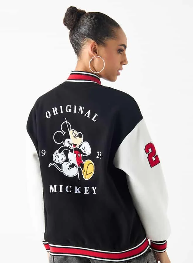 SP Characters Mickey Mouse Print Varsity Jacket with Applique Detail