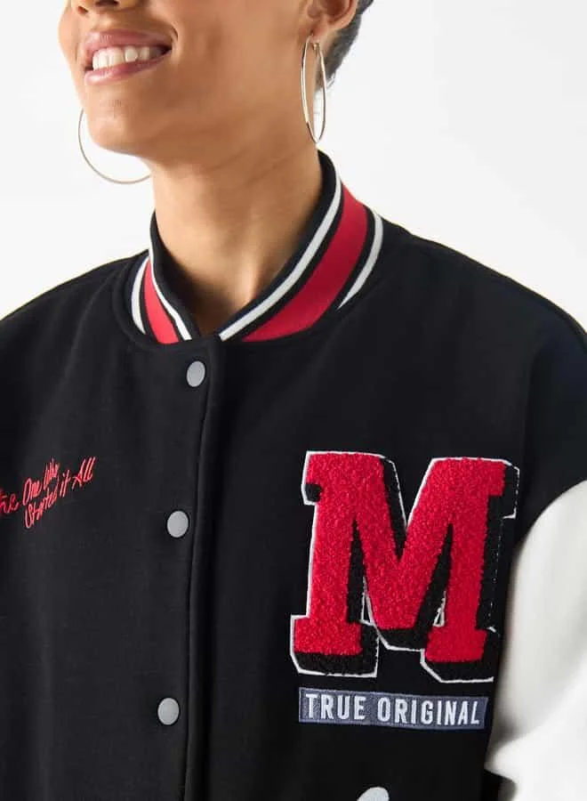 SP Characters Mickey Mouse Print Varsity Jacket with Applique Detail