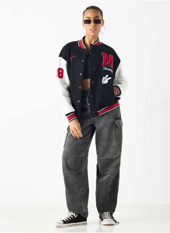 SP Characters Mickey Mouse Print Varsity Jacket with Applique Detail
