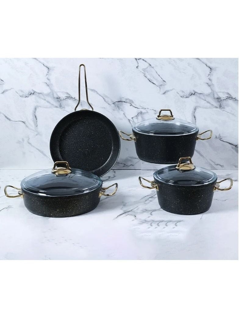 Homemaker 7-Piece Granitec Cookware Set - Tempered Glass Lids - 2 Deep Pots - 1 Low Pot - 1 Frypan - Non-Stick Surface - PFOA Free - Black & Gold  - Image 2