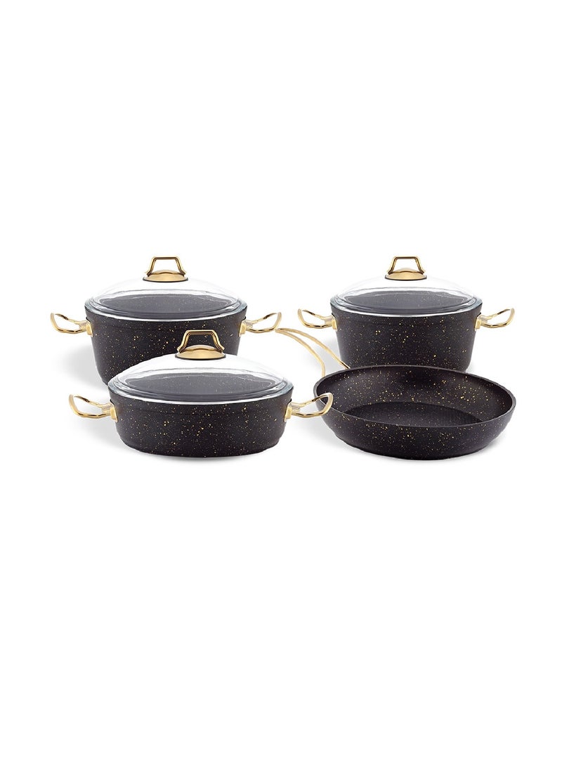 Homemaker 7-Piece Granitec Cookware Set - Tempered Glass Lids - 2 Deep Pots - 1 Low Pot - 1 Frypan - Non-Stick Surface - PFOA Free - Black & Gold  - Image 1