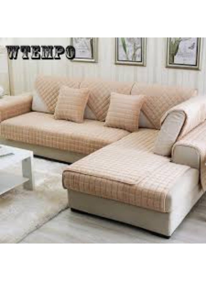 Soft Plaid Sofa Cover – Non Slip Sectional Couch Protector for L-Shaped, Recliner & Loveseat – Armrest & Backrest Protection – Khaki - Image 3