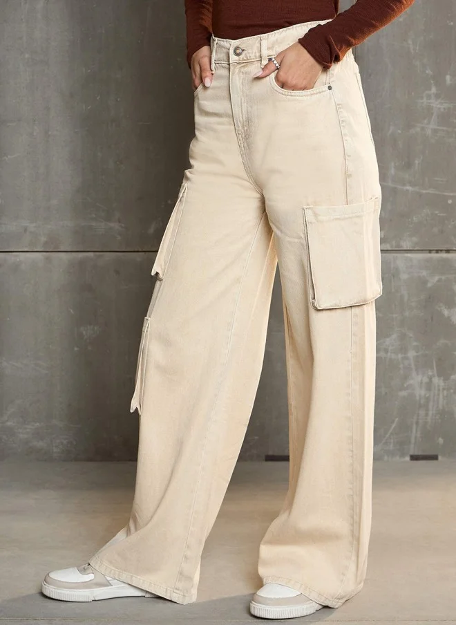 ساسافراس Beige High-Rise Cargo Jeans for Women