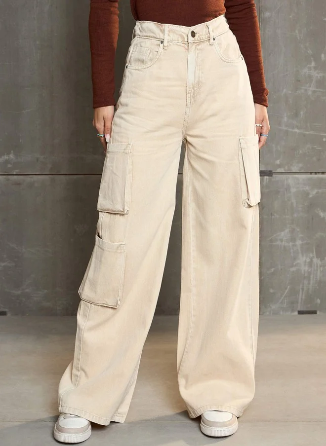 ساسافراس Beige High-Rise Cargo Jeans for Women