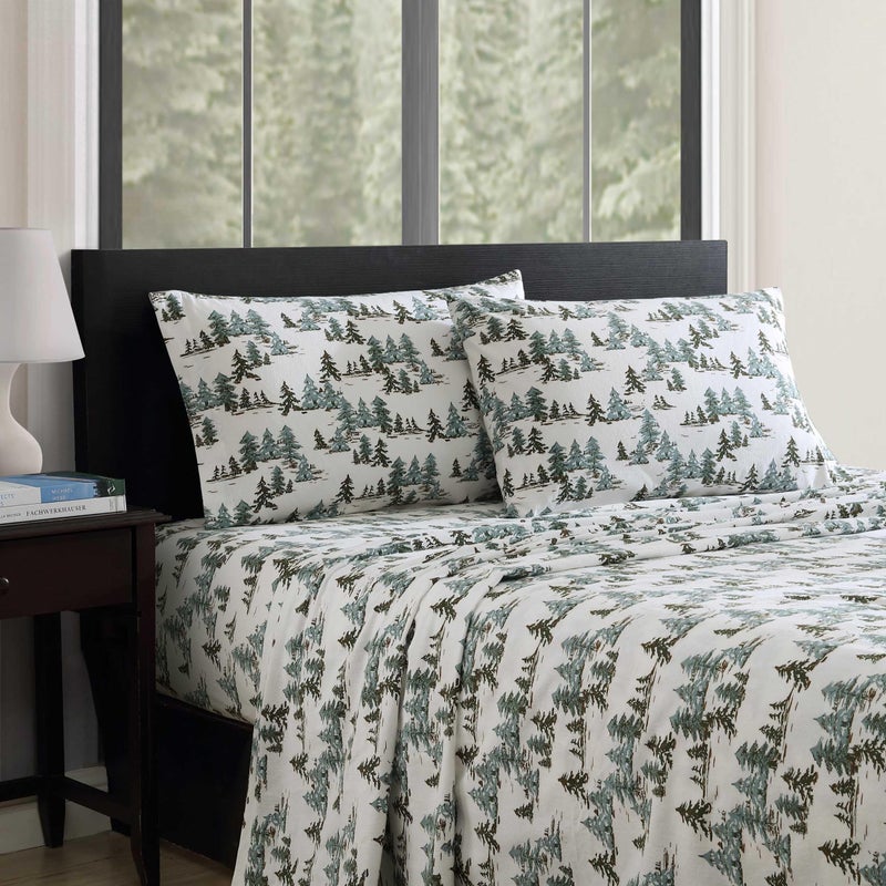 إدي بوار Eddie Bauer - Twin Sheets Cotton Flannel Bedding مجموعة مصممة للنعومة الإضافية ديكور المنزل المريح Oeko -Tex معتمد (أشجار الصنوبر الثلجية الخضراء التوأم) - Image 2