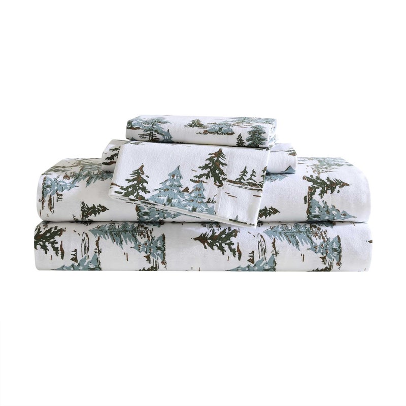 إدي بوار Eddie Bauer - Twin Sheets Cotton Flannel Bedding مجموعة مصممة للنعومة الإضافية ديكور المنزل المريح Oeko -Tex معتمد (أشجار الصنوبر الثلجية الخضراء التوأم) - Image 1