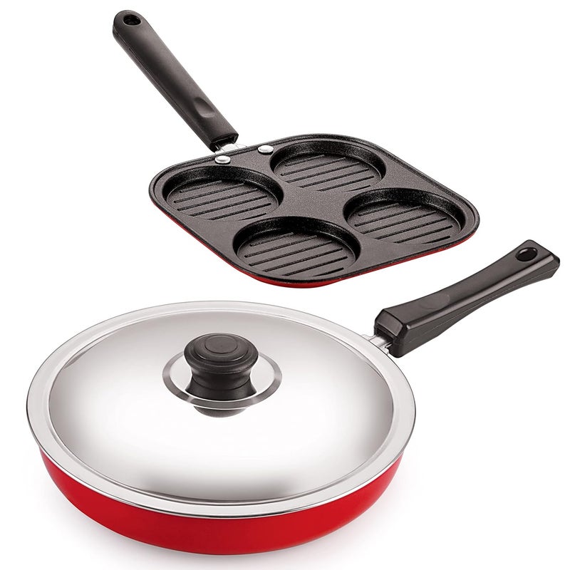 Nirlon Nirlon 3 Layer Nonstick Coating Aluminium Cookware Combo Gift Set of Casting Uttapam4 Cavity Fry Pan24cm ColorRed  - Image 1