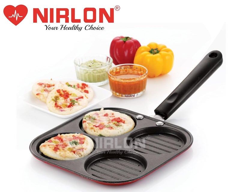 Nirlon Nirlon 3 Layer Nonstick Coating Aluminium Cookware Combo Gift Set of Casting Uttapam4 Cavity Fry Pan24cm ColorRed  - Image 5