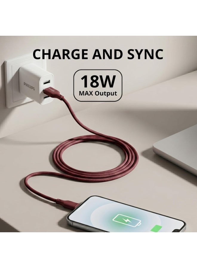 PHILIPS USB Type-A to Type-C Fast Charging Cable, 18W Fast Charging, Nylon Braided, 2m, Iron Red, DLC4160AI/94 Red - Image 4
