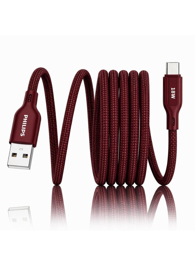 PHILIPS USB Type-A to Type-C Fast Charging Cable, 18W Fast Charging, Nylon Braided, 2m, Iron Red, DLC4160AI/94 Red - Image 1