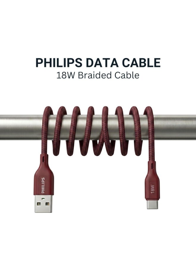 PHILIPS USB Type-A to Type-C Fast Charging Cable, 18W Fast Charging, Nylon Braided, 2m, Iron Red, DLC4160AI/94 Red - Image 2