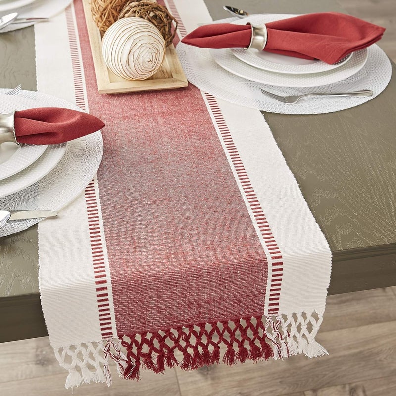 CRAZYWEAVES 100% Cotton Table Runner for 6 Seater Dining Table, Durable with Modern Patterns, Table Cover for Parties and Home Décor, Quick Absorption Handcrafted with Tissles (Red 1, 182 X 32 cm) - Image 1