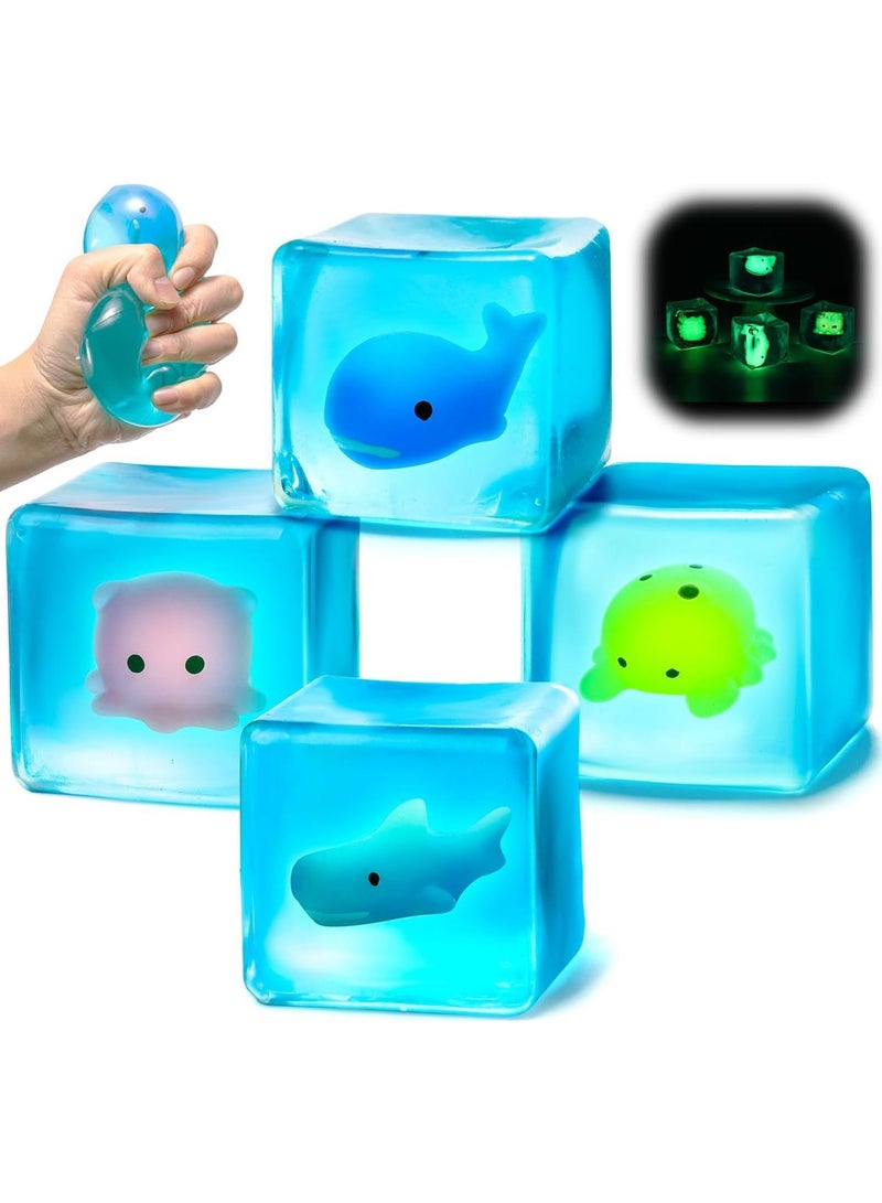 Meetion 4pcs Fidget Toy Squishy Stress Cubes for Kids Adults, Whales, Sharks, Crab, Octopus Glow in The Dark Squishy Sensory Cube for ADHD Anxiety Stress Relief, Square Shape Squeeze Squishy Cube Balls. - Image 1