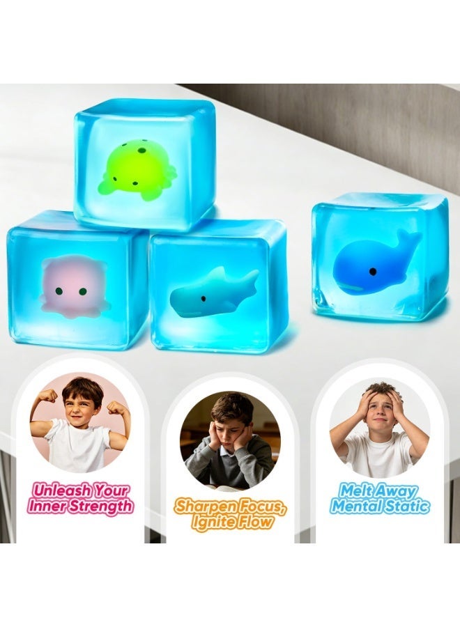 Meetion 4pcs Fidget Toy Squishy Stress Cubes for Kids Adults, Whales, Sharks, Crab, Octopus Glow in The Dark Squishy Sensory Cube for ADHD Anxiety Stress Relief, Square Shape Squeeze Squishy Cube Balls. - Image 3