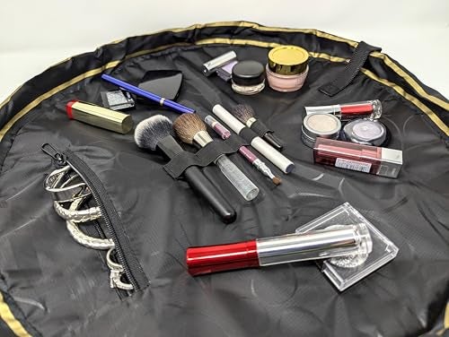 Lay-n-Go Cosmo Drawstring Cosmetic & Makeup Bag Organizer - Portable Drawstring Makeup Bag w/Zipper Pocket, Makeup Loops & More - Durable, Machine Washable Toiletry Bag (20", Black & Gold) - Image 2