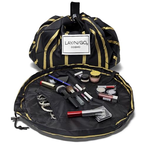 Lay-n-Go Cosmo Drawstring Cosmetic & Makeup Bag Organizer - Portable Drawstring Makeup Bag w/Zipper Pocket, Makeup Loops & More - Durable, Machine Washable Toiletry Bag (20", Black & Gold) - Image 1
