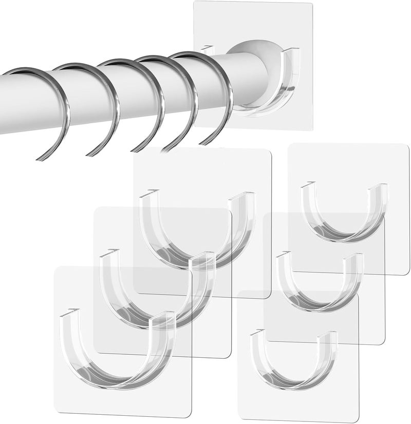 SUPVIB 6 Pack Shower Rod Holder with Strong Adhesive, Sleek Shower Curtain Rod Holder for Wall, Clear Tension Curtain Rod Bracket No Drilling(Rod not Included) - Image 1