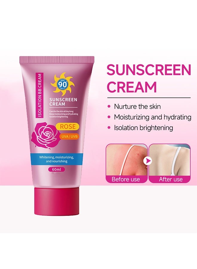LBLS Rose Suncreen Cream，Rose Multi-Effect Repair Isolation BB Cream，Rose Sunscreen Cream Spf 90+ High Protection Uv Plus Sunscreen ，Sensitive Skin Refreshing Sun Block Skincare, Brightening Whitening Isolation ，Beauty SkinCare Facial Sunblock Lotion 60ml - Image 2