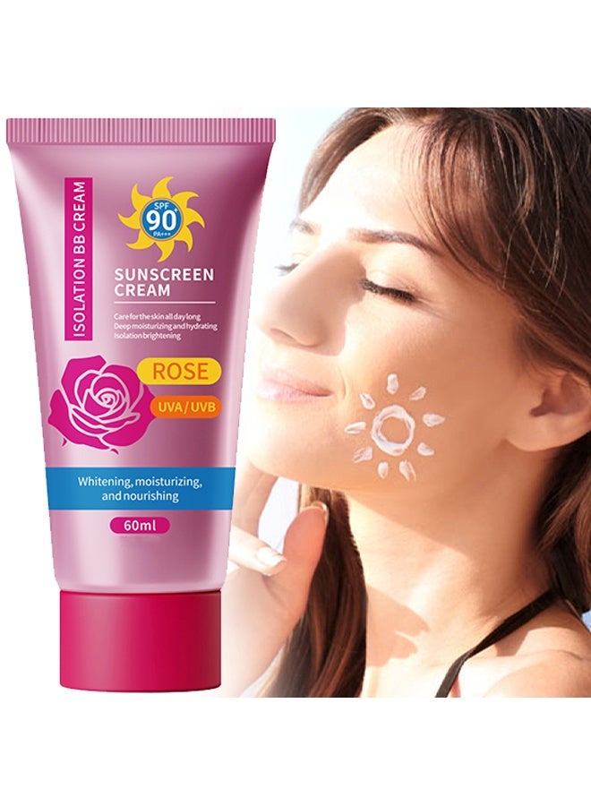 LBLS Rose Suncreen Cream，Rose Multi-Effect Repair Isolation BB Cream，Rose Sunscreen Cream Spf 90+ High Protection Uv Plus Sunscreen ，Sensitive Skin Refreshing Sun Block Skincare, Brightening Whitening Isolation ，Beauty SkinCare Facial Sunblock Lotion 60ml - Image 1