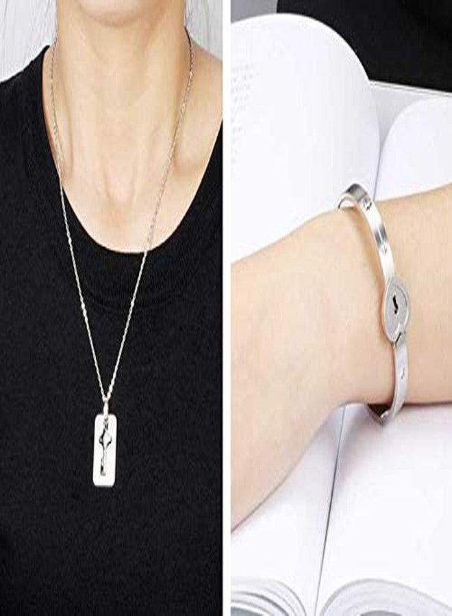 MEENAZ Heart Lock and Key Bracelets Silver Stainless Steel Couple Bracelet Chain Pendant Necklace Set for Lovers Men and Women Girls Boys (Silver) BRACELET-M150 - Image 2