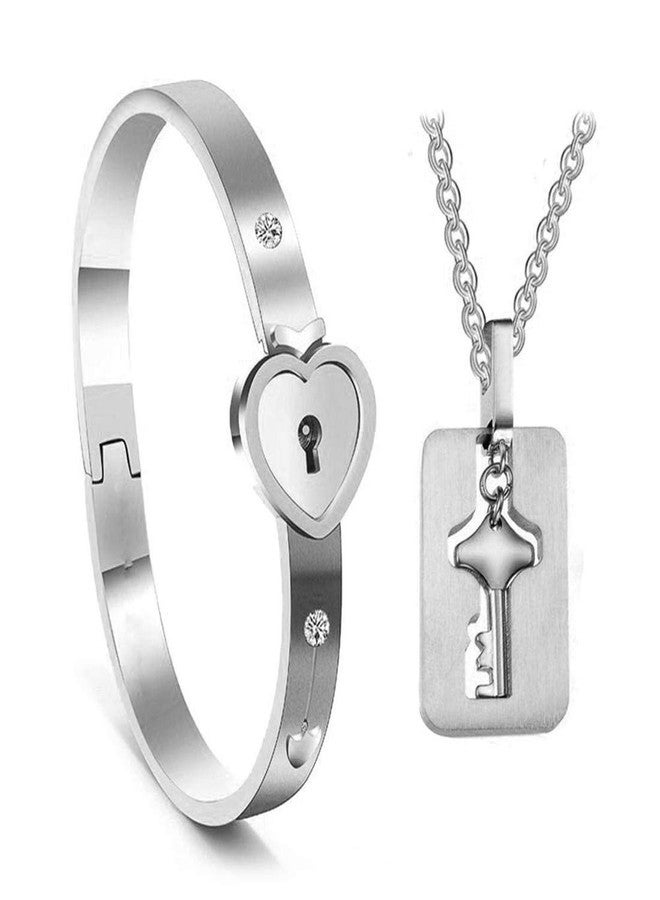 MEENAZ Heart Lock and Key Bracelets Silver Stainless Steel Couple Bracelet Chain Pendant Necklace Set for Lovers Men and Women Girls Boys (Silver) BRACELET-M150 - Image 1