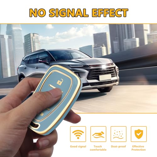 FT FUNTOR for Chevrolet Key Fob Cover,4 Buttons TPU Key Cover with Golden Edge,Compatible with Chevrolet Equinox Bolt Sonic Trax Blazer Trailblazer Cruze Traverse Volt with Keychain (A-Blue) - Image 3