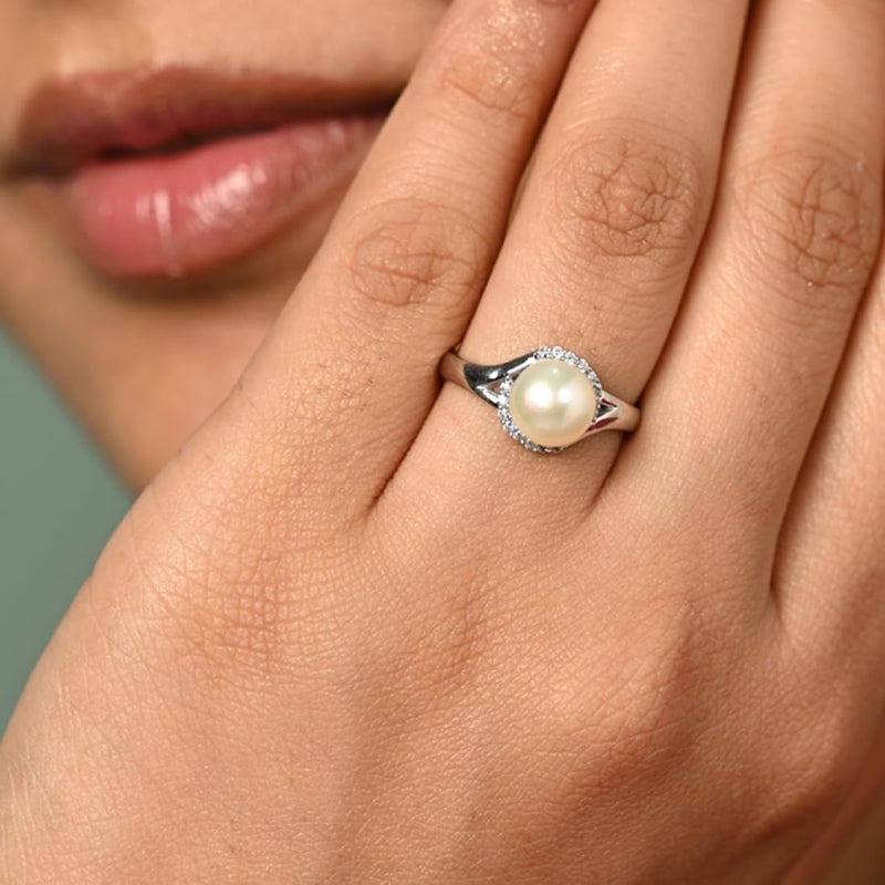 CLARA خاتم أصبع قابل للتعديل من الفضة الإسترلينية النقية 925 مع لؤلؤة حقيقية | هدية للنساء والفتيات | مطلي بالبلاتين مع زركون سويسري - Image 4