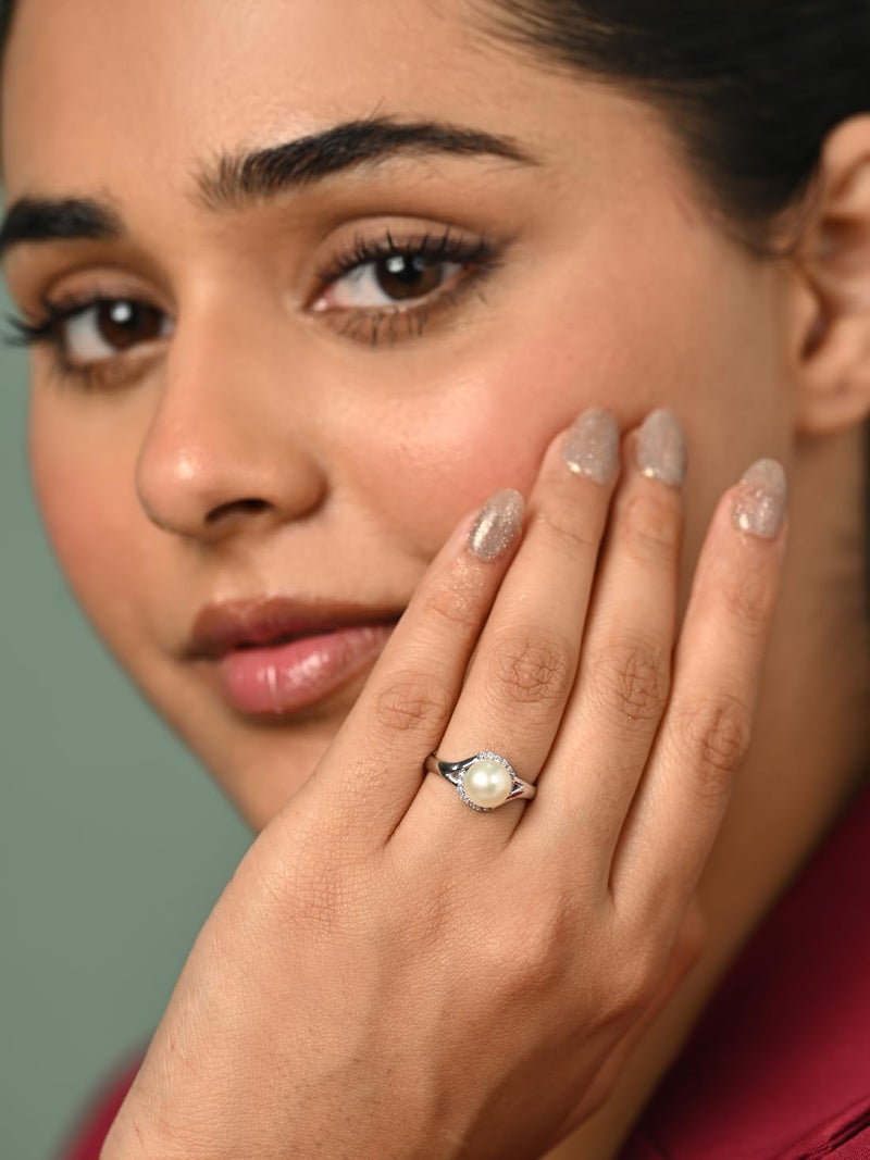 CLARA خاتم أصبع قابل للتعديل من الفضة الإسترلينية النقية 925 مع لؤلؤة حقيقية | هدية للنساء والفتيات | مطلي بالبلاتين مع زركون سويسري - Image 3