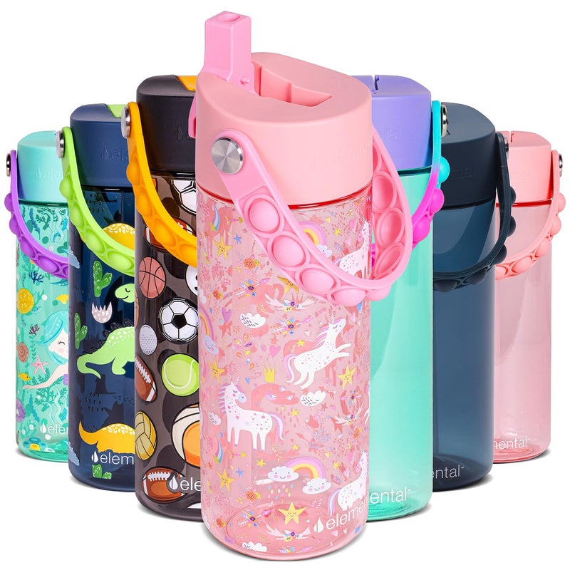 Elemental Water Bottles for Kids  Splash Kids Water Bottle for School with Popit Handle  BPA Free Tritan Plastic Water Bottle with Straw Leak Proof when Spout is Closed  Pink Unicorn  18oz