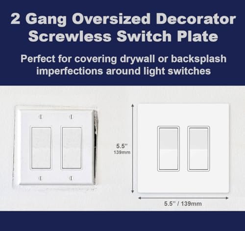Art Plates - OVERSIZED Screwless Child Safe Switch Plate - 5.5" x 5.5" - Jumbo 2 Gang Decorator GFCI Style - Unbreakable Polycarbonate - Two Gang Screwless Light Switch Cover Plate - Glossy White - Image 2