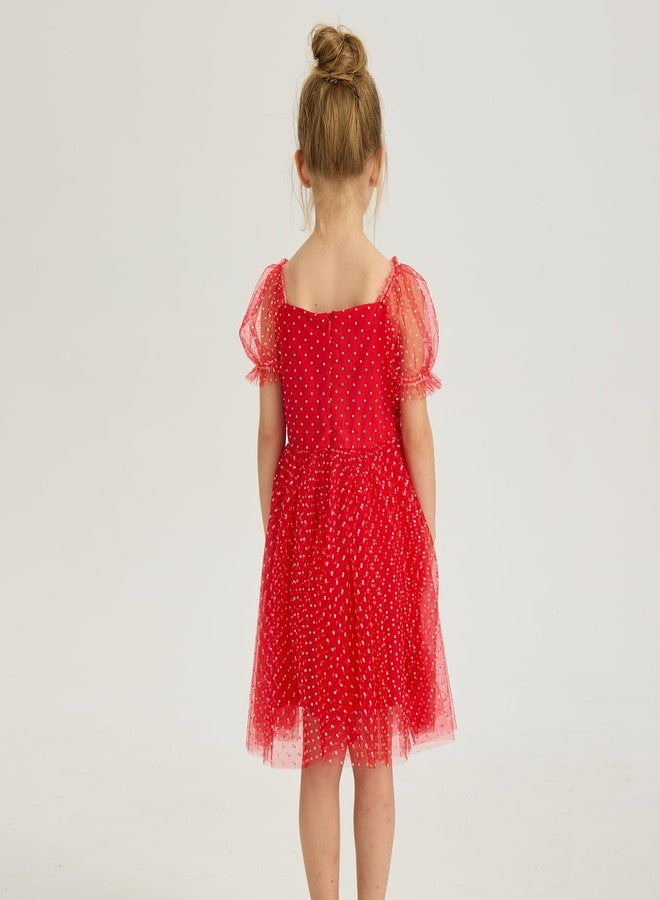 Tutu.kk Toddler Girl Flower Gril Princess Dresses Dot Tulle Puff Sleeve Birthday Party Tutu Dress Red 2-3T - Image 4