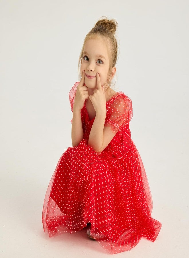 Tutu.kk Toddler Girl Flower Gril Princess Dresses Dot Tulle Puff Sleeve Birthday Party Tutu Dress Red 2-3T - Image 2