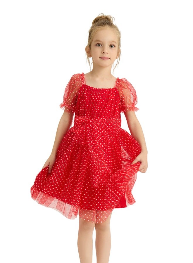Tutu.kk Toddler Girl Flower Gril Princess Dresses Dot Tulle Puff Sleeve Birthday Party Tutu Dress Red 2-3T - Image 1
