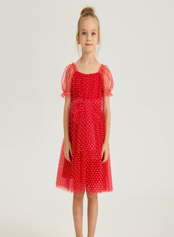 Tutu.kk Toddler Girl Flower Gril Princess Dresses Dot Tulle Puff Sleeve Birthday Party Tutu Dress Red 2-3T - Image 3