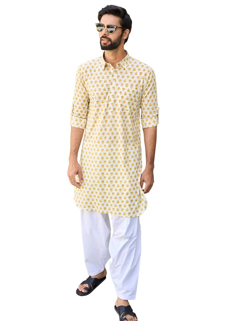 See Designs Yellow & White Cotton Regular Fit Printed Kurta Set Shirt Collar_SDMPKT113803L - Image 1
