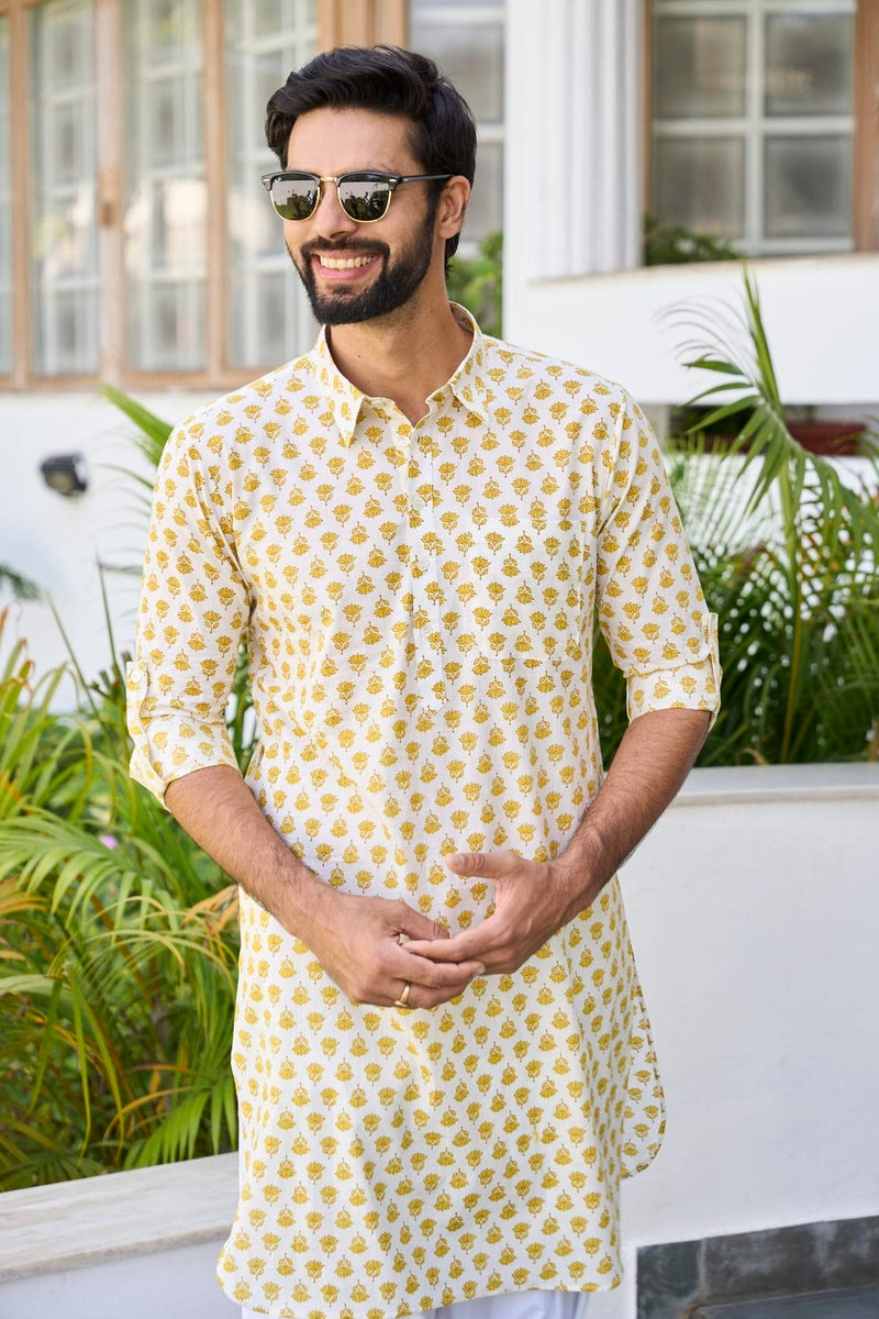 See Designs Yellow & White Cotton Regular Fit Printed Kurta Set Shirt Collar_SDMPKT113803L - Image 2