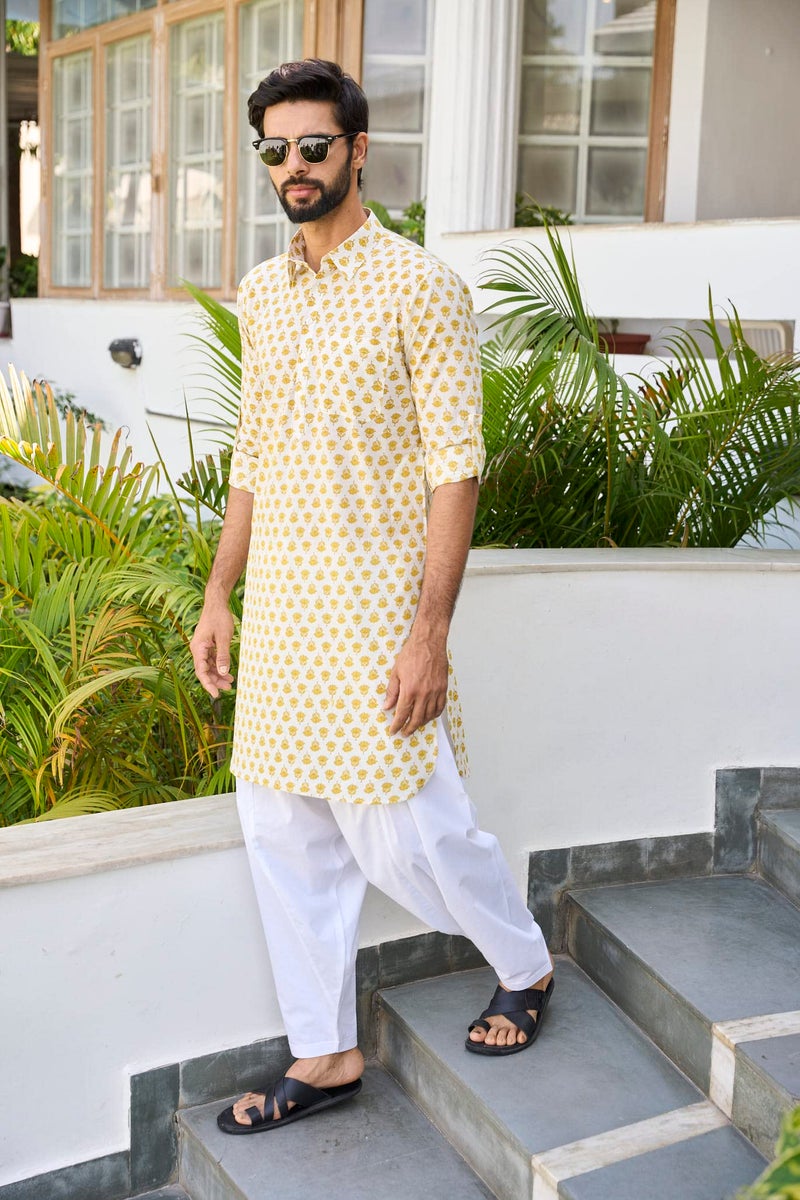 See Designs Yellow & White Cotton Regular Fit Printed Kurta Set Shirt Collar_SDMPKT113803L - Image 4