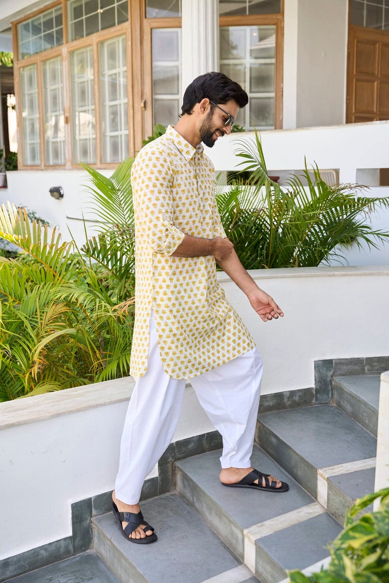 See Designs Yellow & White Cotton Regular Fit Printed Kurta Set Shirt Collar_SDMPKT113803L - Image 5